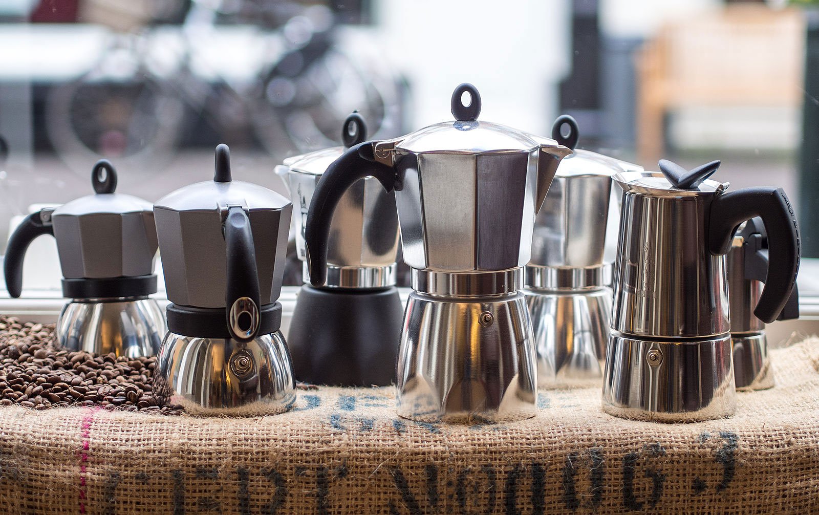 Moka Pots on display at Propeller Specialty Coffee Roasters, Toronto, Ontario, Canada